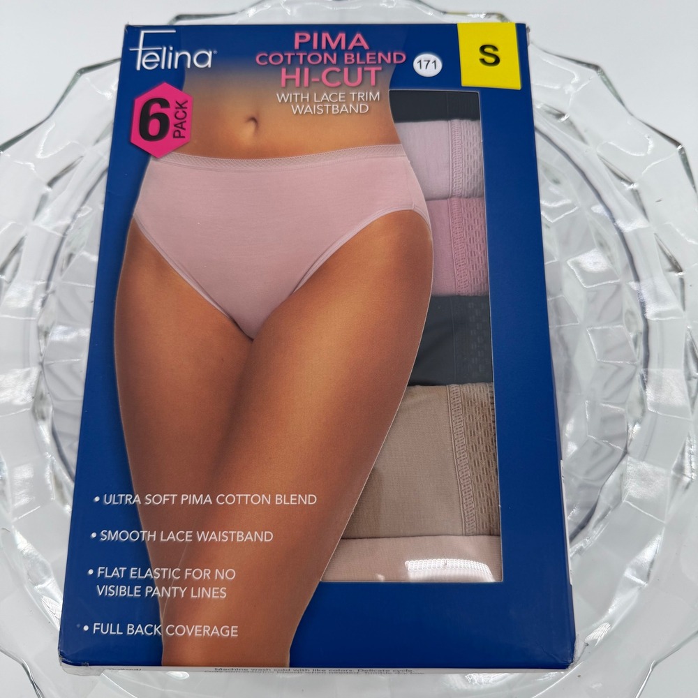 Felina Pima Cotton Blend Hi Cut Panty 6‎ Pack Size Small Lace Trim